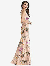 Side View Thumbnail - Butterfly Botanica Pink Sand Jewel Neck Bowed Open-Back Floral SatinTrumpet Dress