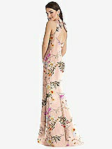 Rear View Thumbnail - Butterfly Botanica Pink Sand Jewel Neck Bowed Open-Back Floral SatinTrumpet Dress