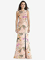 Front View Thumbnail - Butterfly Botanica Pink Sand Jewel Neck Bowed Open-Back Floral Trumpet Dress with Front Slit