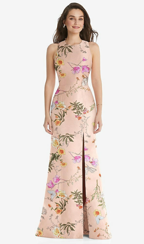 Front View - Butterfly Botanica Pink Sand Jewel Neck Bowed Open-Back Floral Trumpet Dress with Front Slit