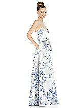 Side View Thumbnail - Cottage Rose Larkspur Basque-Neck Strapless Floral Satin Gown with Mini Sash