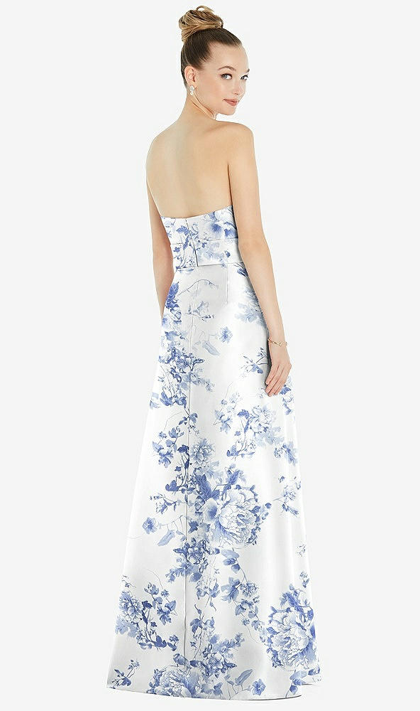 Back View - Cottage Rose Larkspur Basque-Neck Strapless Floral Satin Gown with Mini Sash