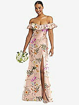 Alt View 1 Thumbnail - Butterfly Botanica Pink Sand Off-the-Shoulder Ruffle Neck Floral Satin Trumpet Gown