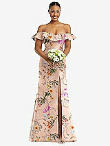 Alt View 2 Thumbnail - Butterfly Botanica Pink Sand Off-the-Shoulder Ruffle Neck Floral Satin Trumpet Gown