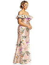 Alt View 4 Thumbnail - Butterfly Botanica Pink Sand Off-the-Shoulder Ruffle Neck Floral Satin Trumpet Gown