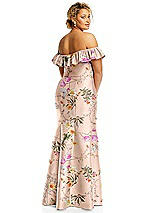 Alt View 5 Thumbnail - Butterfly Botanica Pink Sand Off-the-Shoulder Ruffle Neck Floral Satin Trumpet Gown