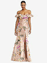 Front View Thumbnail - Butterfly Botanica Pink Sand Off-the-Shoulder Ruffle Neck Floral Satin Trumpet Gown