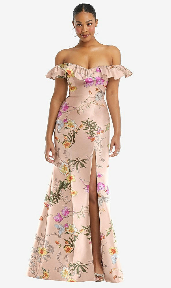 Front View - Butterfly Botanica Pink Sand Off-the-Shoulder Ruffle Neck Floral Satin Trumpet Gown