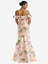 Rear View Thumbnail - Butterfly Botanica Pink Sand Off-the-Shoulder Ruffle Neck Floral Satin Trumpet Gown