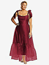 Alt View 1 Thumbnail - Claret Convertible Deep Ruffle Hem High Low Organdy Dress with Scarf-Tie Straps