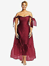 Front View Thumbnail - Claret Convertible Deep Ruffle Hem High Low Organdy Dress with Scarf-Tie Straps