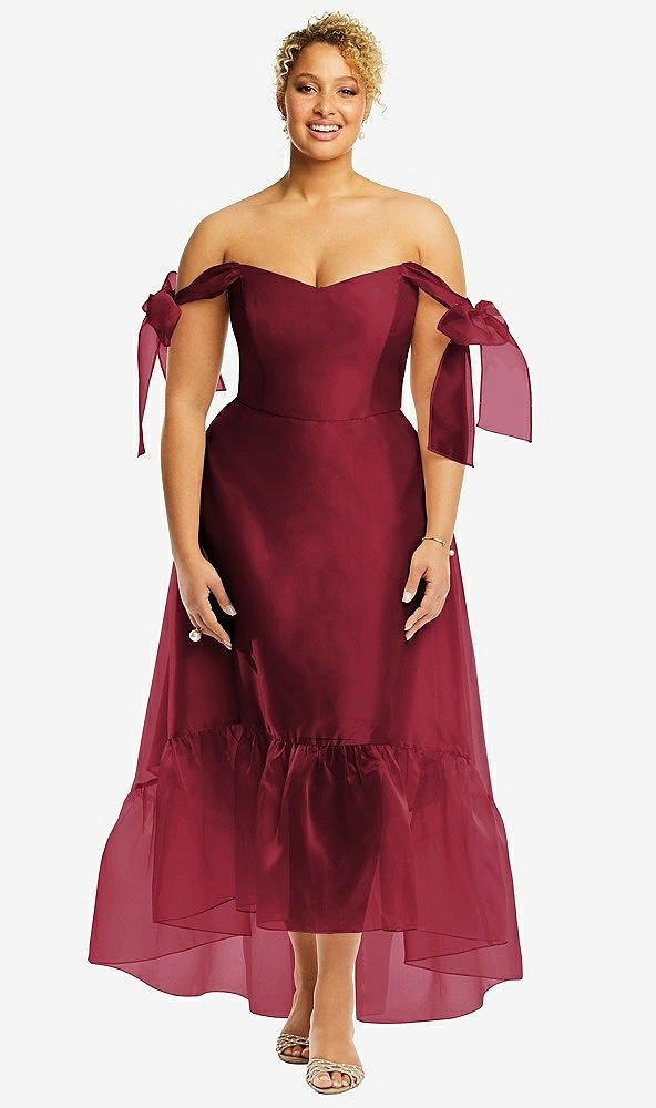 Front View - Claret Convertible Deep Ruffle Hem High Low Organdy Dress with Scarf-Tie Straps