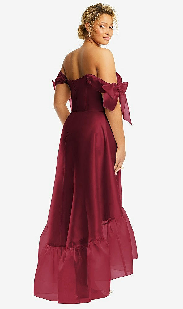 Back View - Claret Convertible Deep Ruffle Hem High Low Organdy Dress with Scarf-Tie Straps