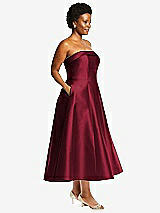 Side View Thumbnail - Burgundy Cuffed Strapless Satin Twill Midi Dress with Full Skirt and Pockets