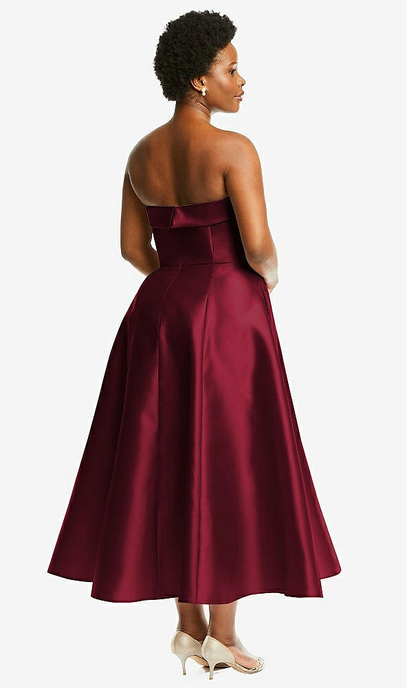 Back View - Burgundy Cuffed Strapless Satin Twill Midi Dress with Full Skirt and Pockets