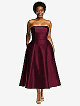Front View Thumbnail - Cabernet Cuffed Strapless Satin Twill Midi Dress with Full Skirt and Pockets