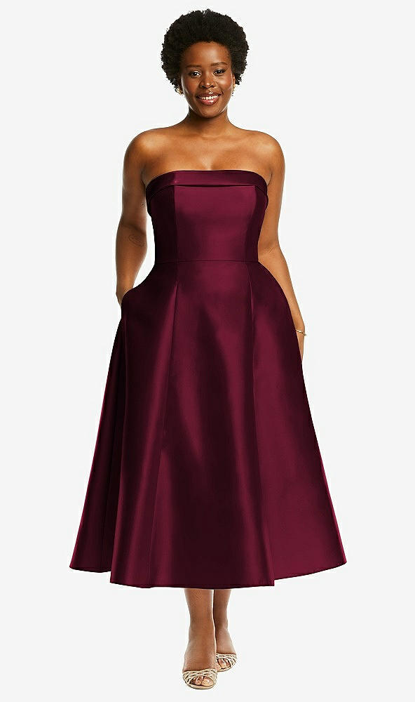 Front View - Cabernet Cuffed Strapless Satin Twill Midi Dress with Full Skirt and Pockets