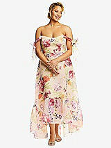 Front View Thumbnail - Penelope Floral Print Convertible Deep Ruffle Hem High Low Floral Organdy Dress with Scarf-Tie Straps