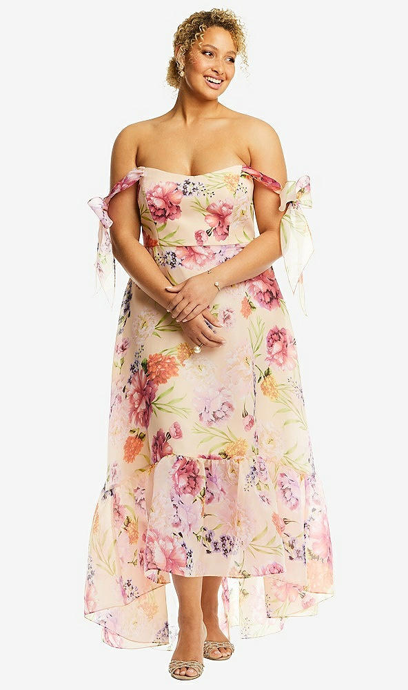 Front View - Penelope Floral Print Convertible Deep Ruffle Hem High Low Floral Organdy Dress with Scarf-Tie Straps