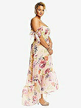 Side View Thumbnail - Penelope Floral Print Convertible Deep Ruffle Hem High Low Floral Organdy Dress with Scarf-Tie Straps