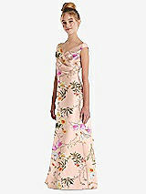 Side View Thumbnail - Butterfly Botanica Pink Sand Floral Off-the-Shoulder Draped Wrap Satin Junior Bridesmaid Dress