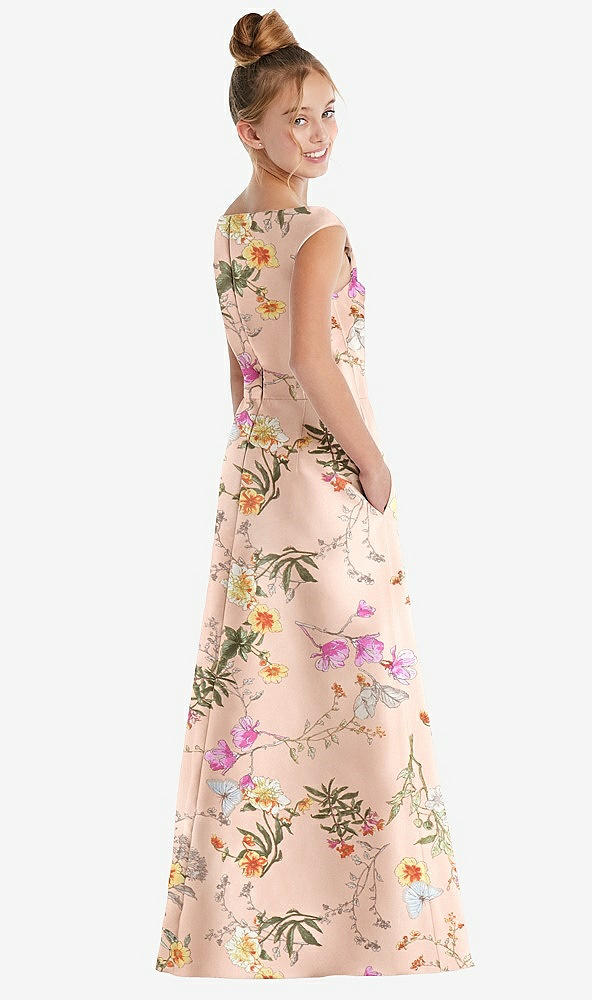 Back View - Butterfly Botanica Pink Sand Floral Off-the-Shoulder Draped Wrap Satin Junior Bridesmaid Dress