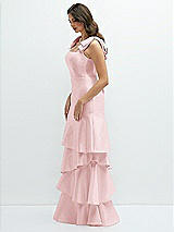 Front View Thumbnail - Ballet Pink Bow-Shoulder Satin Maxi Dress with Asymmetrical Tiered Skirt
