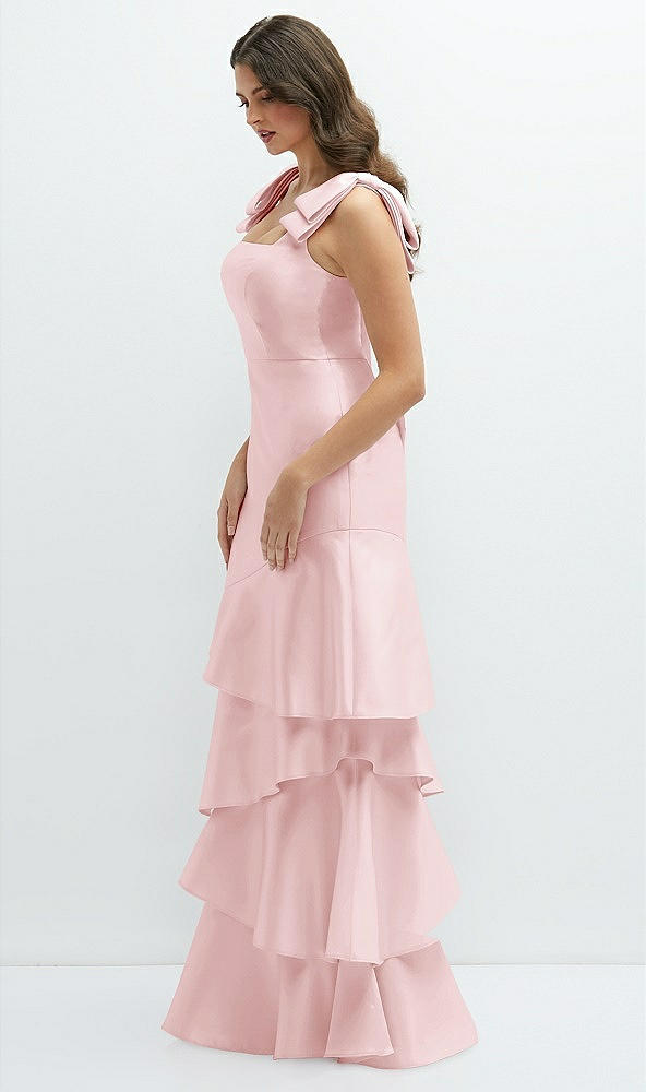 Front View - Ballet Pink Bow-Shoulder Satin Maxi Dress with Asymmetrical Tiered Skirt