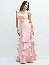 Side View Thumbnail - Ballet Pink Bow-Shoulder Satin Maxi Dress with Asymmetrical Tiered Skirt