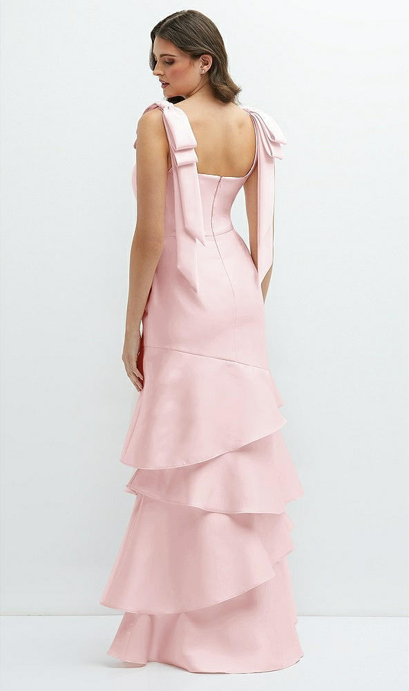 Back View - Ballet Pink Bow-Shoulder Satin Maxi Dress with Asymmetrical Tiered Skirt