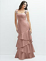 Side View Thumbnail - Neu Nude Bow-Shoulder Satin Maxi Dress with Asymmetrical Tiered Skirt