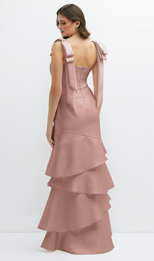 Back View - Neu Nude Bow-Shoulder Satin Maxi Dress with Asymmetrical Tiered Skirt