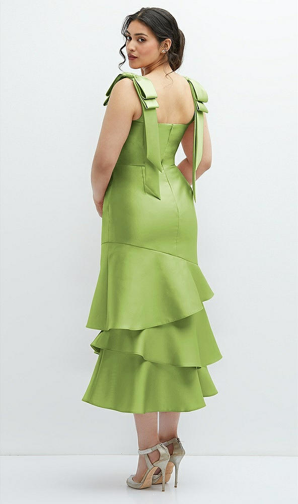 Front View - Mojito Bow-Shoulder Satin Midi Dress with Asymmetrical Tiered Skirt