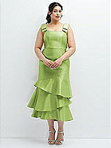 Rear View Thumbnail - Mojito Bow-Shoulder Satin Midi Dress with Asymmetrical Tiered Skirt