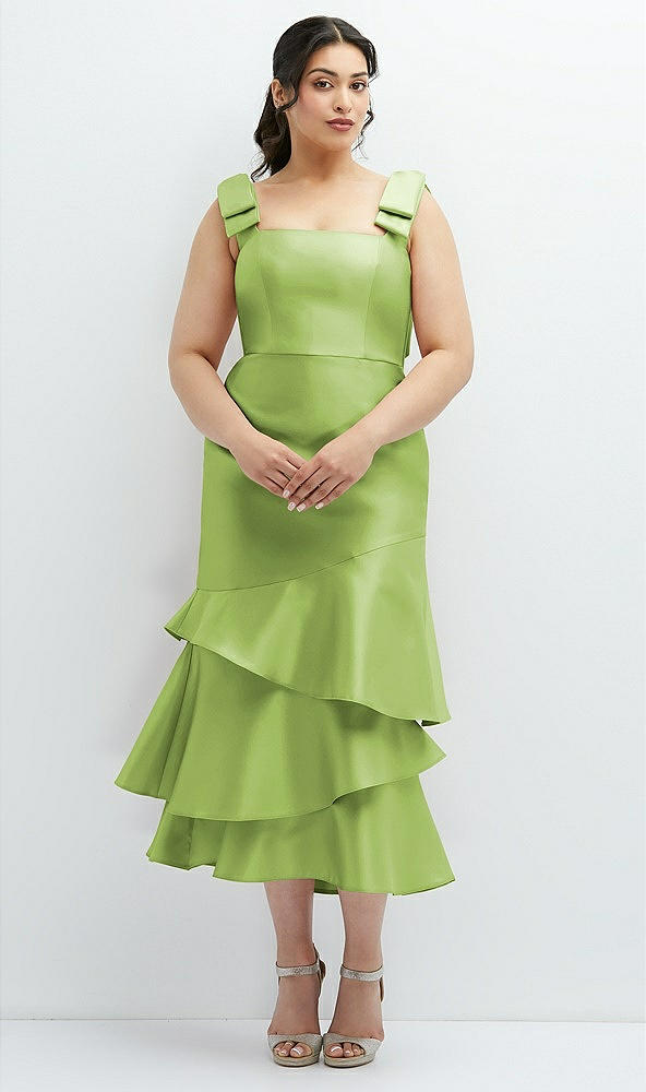 Back View - Mojito Bow-Shoulder Satin Midi Dress with Asymmetrical Tiered Skirt