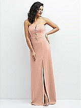 Front View Thumbnail - Pale Peach Strapless Notch-Neck Crepe A-line Dress with Rhinestone Piping Bows