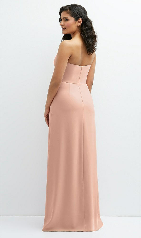 Back View - Pale Peach Strapless Notch-Neck Crepe A-line Dress with Rhinestone Piping Bows