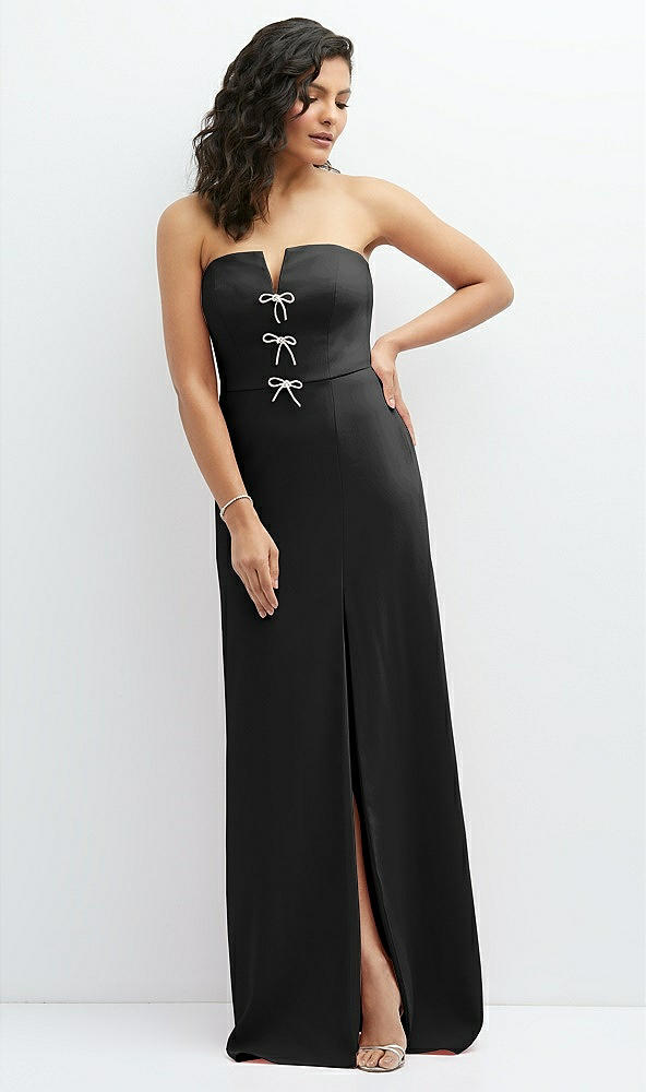 Front View - Black Strapless Notch-Neck Crepe A-line Dress with Rhinestone Piping Bows