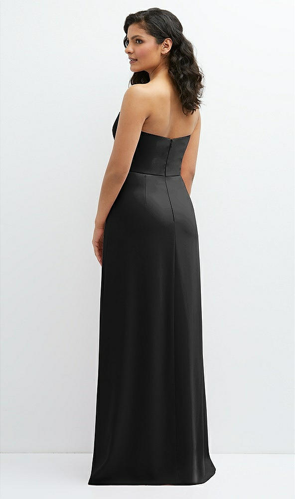 Back View - Black Strapless Notch-Neck Crepe A-line Dress with Rhinestone Piping Bows