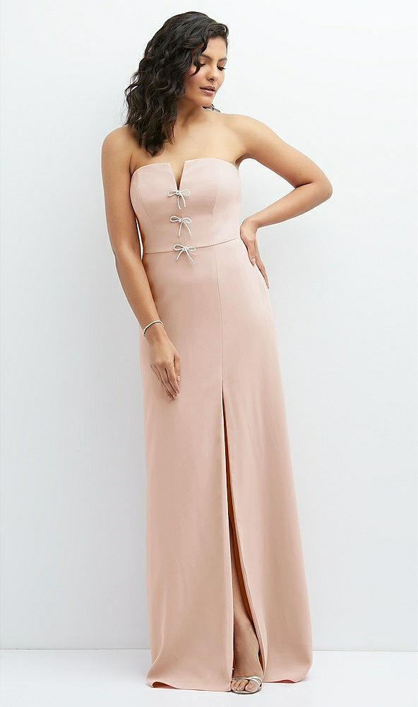 Front View - Cameo Strapless Notch-Neck Crepe A-line Dress with Rhinestone Piping Bows