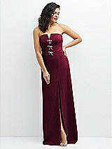Front View Thumbnail - Cabernet Strapless Notch-Neck Crepe A-line Dress with Rhinestone Piping Bows