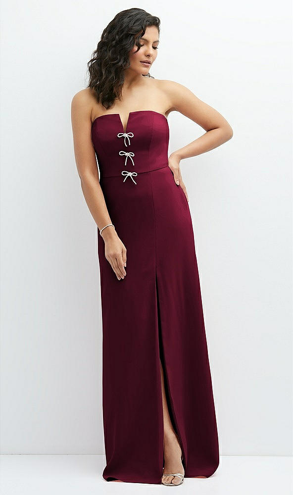 Front View - Cabernet Strapless Notch-Neck Crepe A-line Dress with Rhinestone Piping Bows