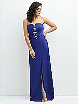 Front View Thumbnail - Cobalt Blue Strapless Notch-Neck Crepe A-line Dress with Rhinestone Piping Bows