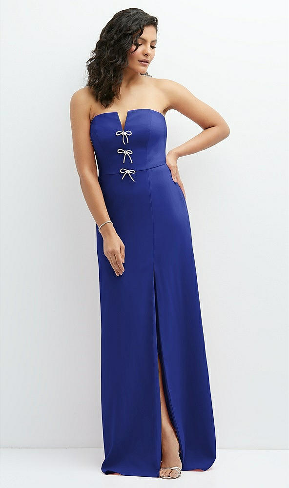 Front View - Cobalt Blue Strapless Notch-Neck Crepe A-line Dress with Rhinestone Piping Bows