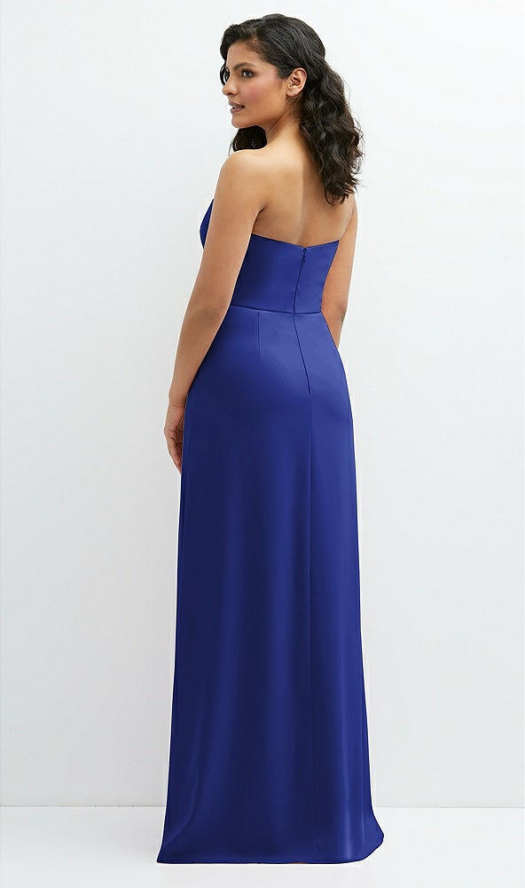 Back View - Cobalt Blue Strapless Notch-Neck Crepe A-line Dress with Rhinestone Piping Bows