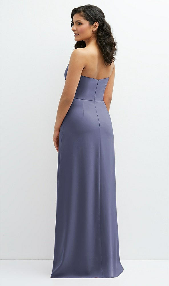 Back View - French Blue Strapless Notch-Neck Crepe A-line Dress with Rhinestone Piping Bows