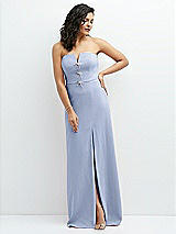 Front View Thumbnail - Sky Blue Strapless Notch-Neck Crepe A-line Dress with Rhinestone Piping Bows