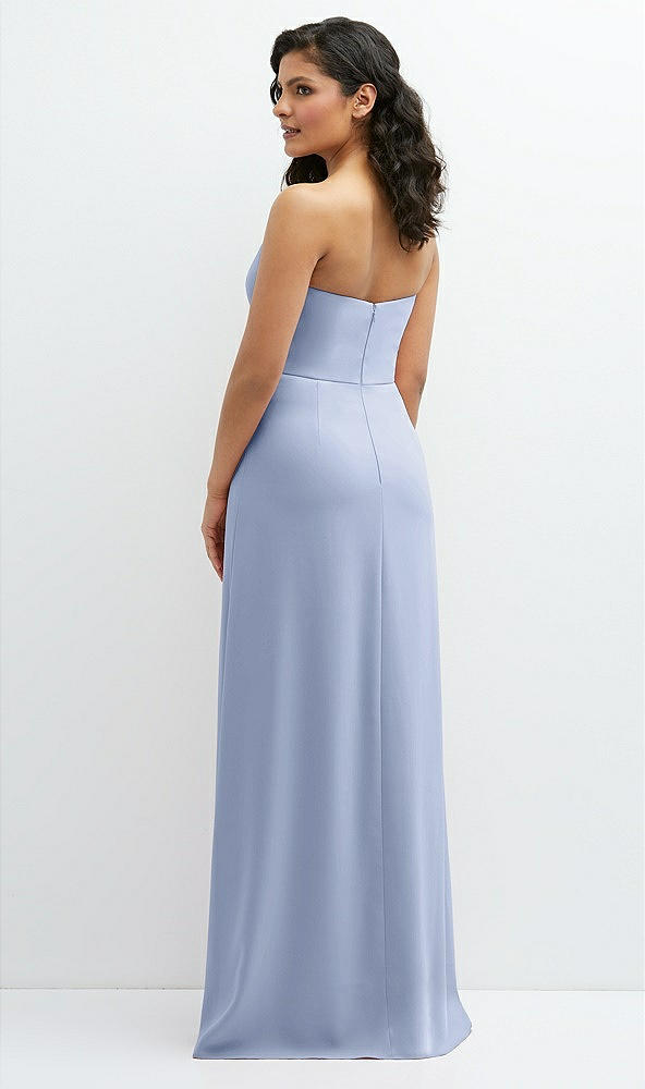 Back View - Sky Blue Strapless Notch-Neck Crepe A-line Dress with Rhinestone Piping Bows