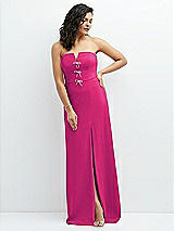 Front View Thumbnail - Think Pink Strapless Notch-Neck Crepe A-line Dress with Rhinestone Piping Bows