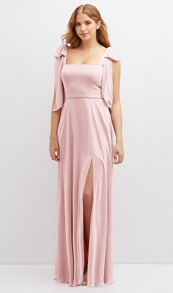 Front View - Ballet Pink Bow Shoulder Square Neck Chiffon Maxi Dress